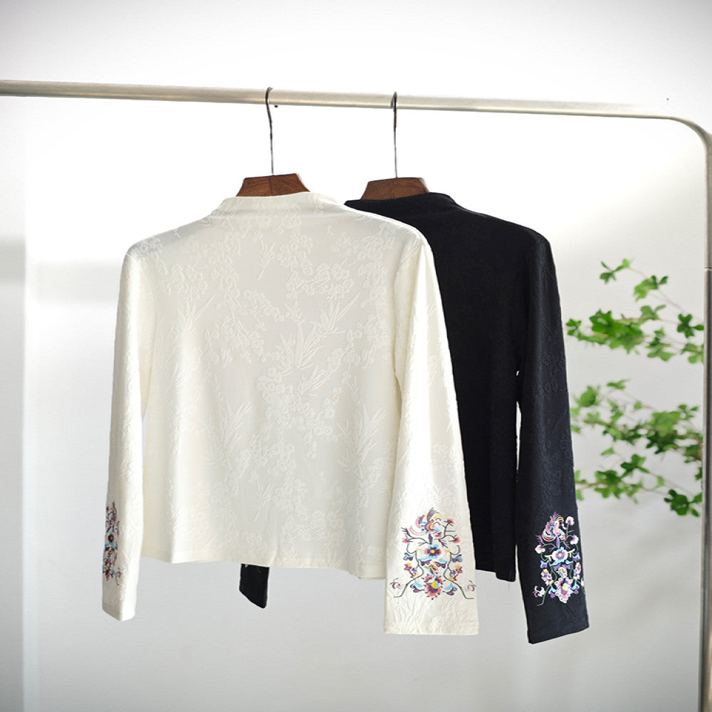 High end new Chinese style women s clothing embroidered top with Chinese style spring and autumn half high neck loose and thin velvet style long sleeved bottom shirt for women image 6