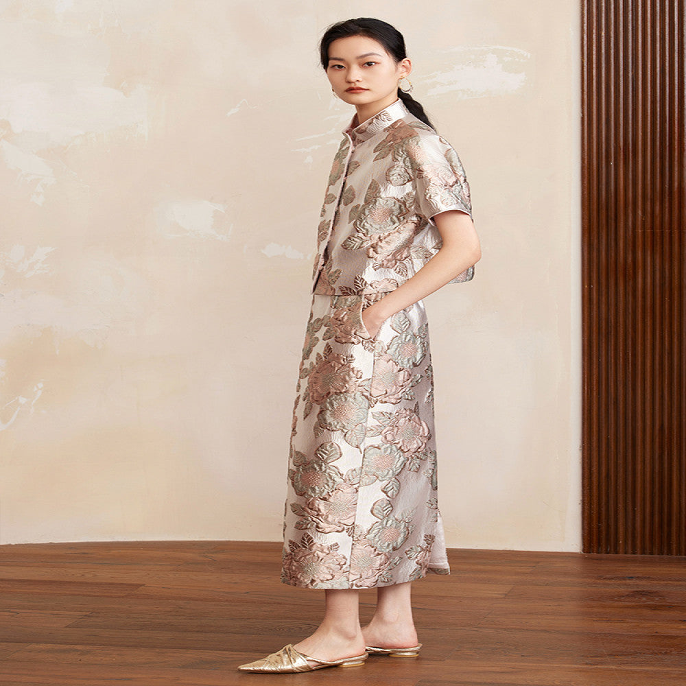Ruyi Lianyun Zhao Shuo Bright Silk Satin Jacquard Skirt Women s New Chinese Style Elastic Waist Straight Skirt image 2