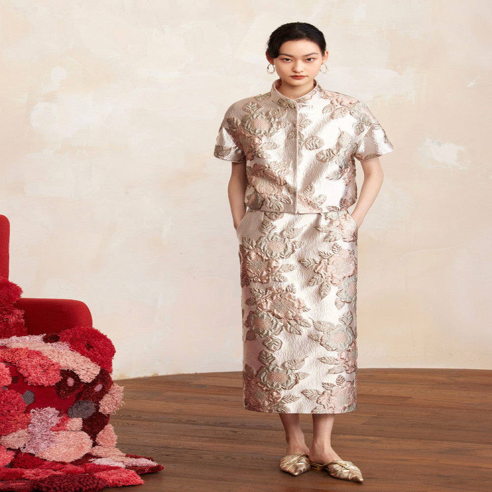 Ruyi Lianyun Zhao Shuo Bright Silk Satin Jacquard Skirt Women s New Chinese Style Elastic Waist Straight Skirt image 3