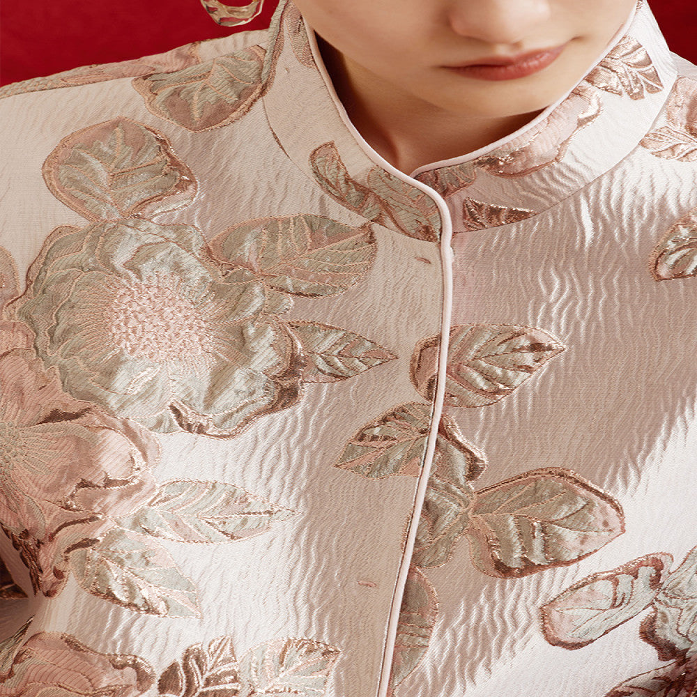 Ruyi Lianyun Ningshuo Bright Silk Double breasted Satin Jacquard Short Jacket Women s New Chinese Style Short sleeved Top image 5