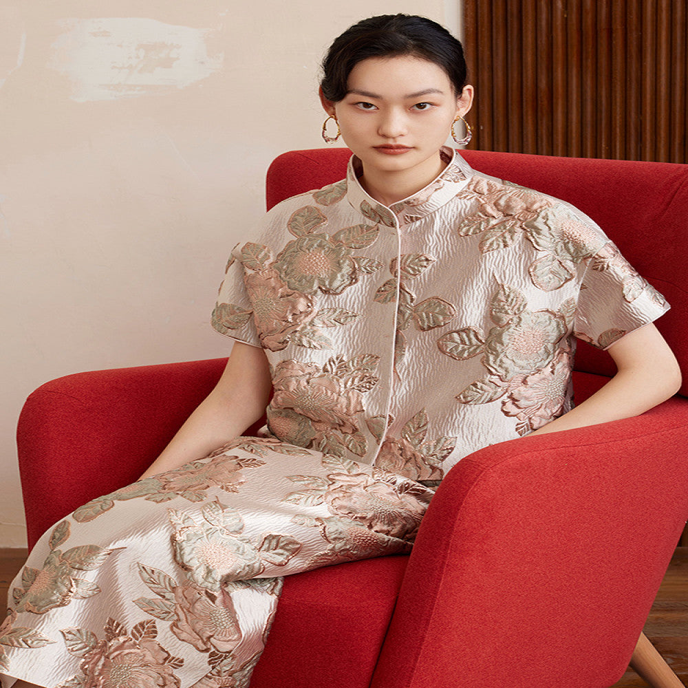 Ruyi Lianyun Ningshuo Bright Silk Double breasted Satin Jacquard Short Jacket Women s New Chinese Style Short sleeved Top image 0