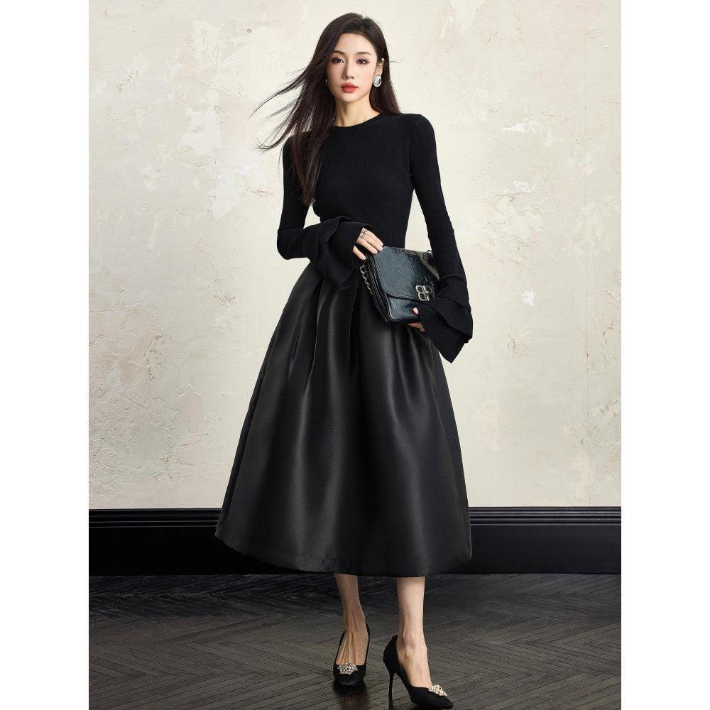 Black A line puffy skirt women s autumn and winter 2024 new style high end temperament inner long skirt three views image 1