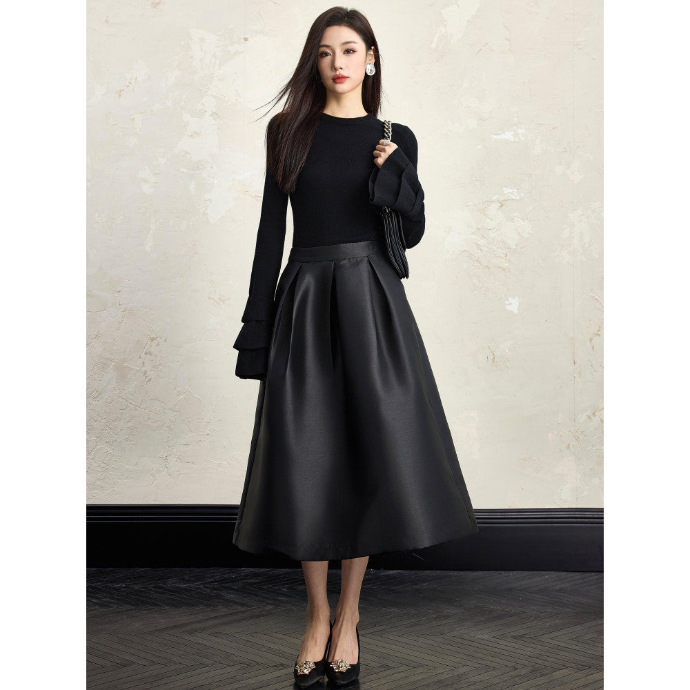 Black A line puffy skirt women s autumn and winter 2024 new style high end temperament inner long skirt three views image 2