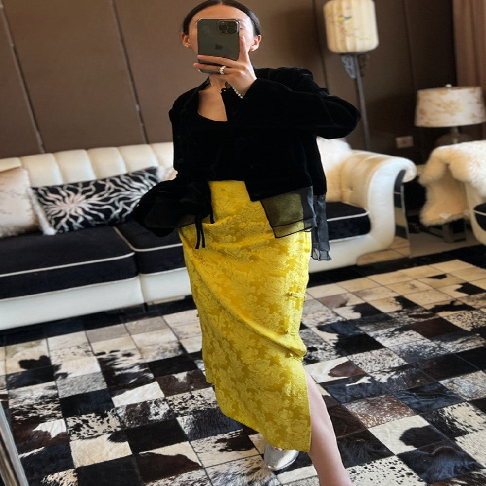 Yang Mi s same jacquard silk half skirt with high waist side slit buckle versatile Chinese style new Chinese style slimming F3220 image 26