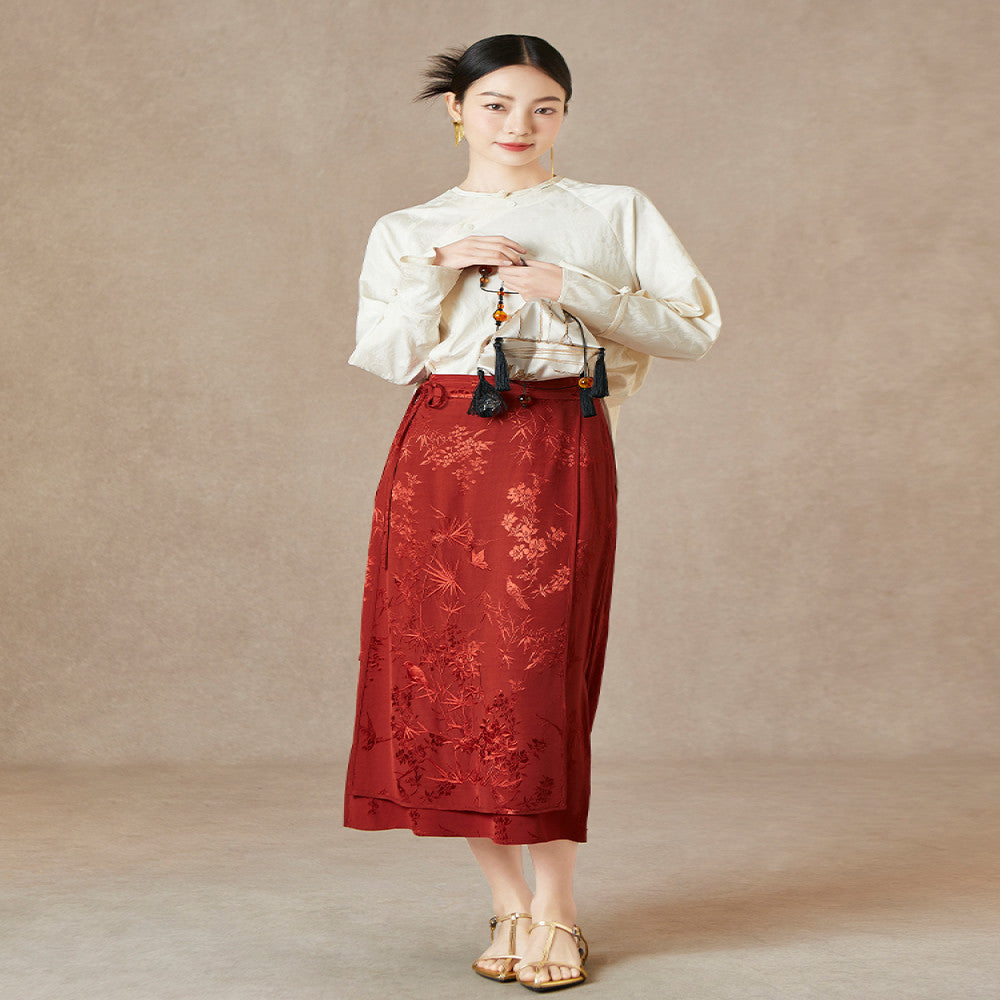QS Jiexi Spring and Autumn New Retro Improved Horse faced Skirt Embroidered Lace up Jacquard Slim New Chinese Style Skirt image 3