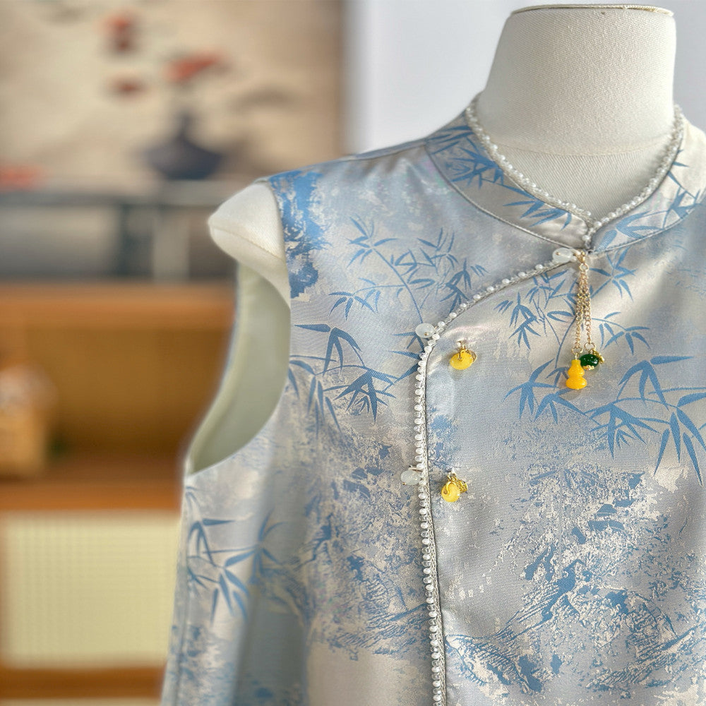 Blue new Chinese style vest women s sleeveless thin vest young style ethnic style high end imitation silk Tang suit top image 3