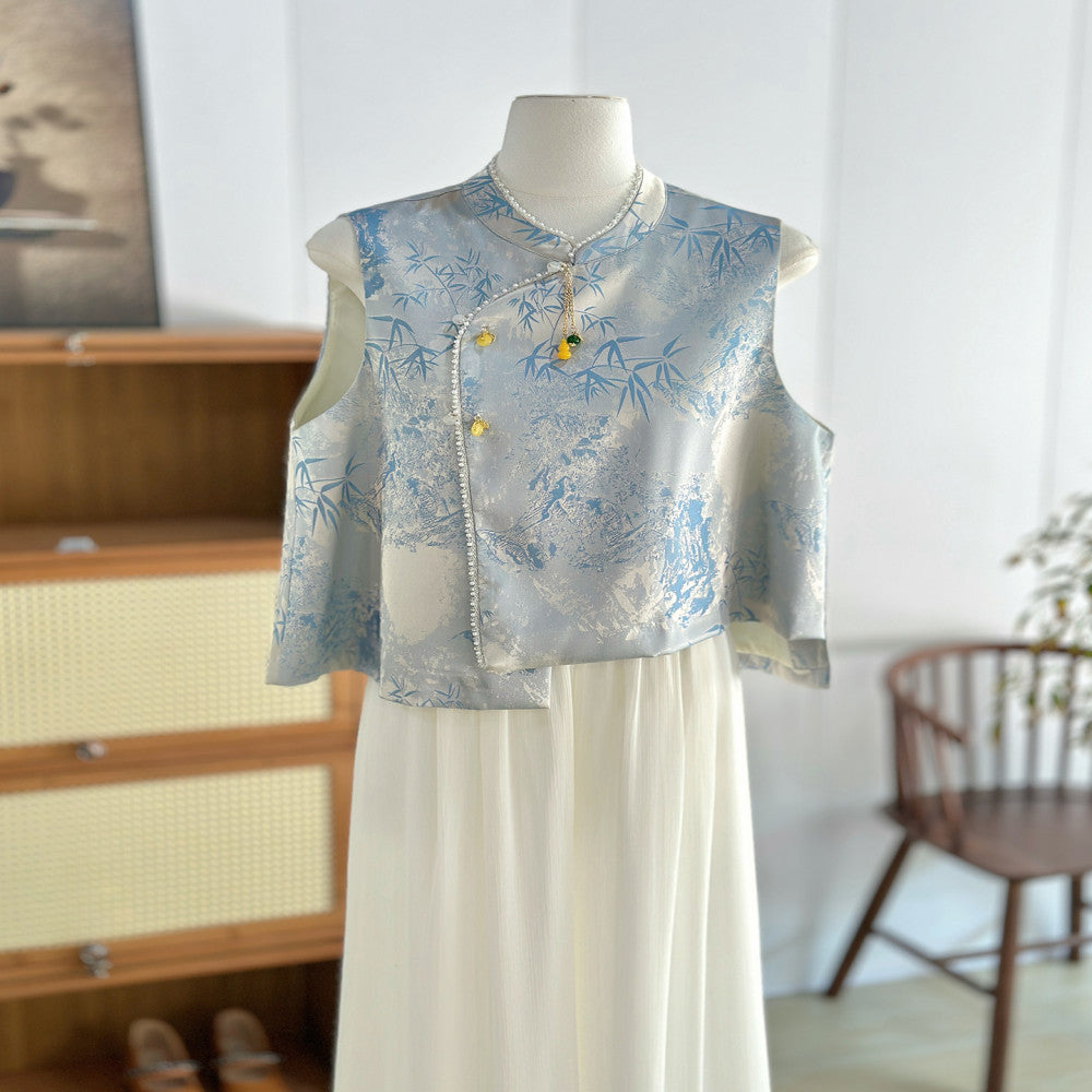 Blue new Chinese style vest women s sleeveless thin vest young style ethnic style high end imitation silk Tang suit top image 5