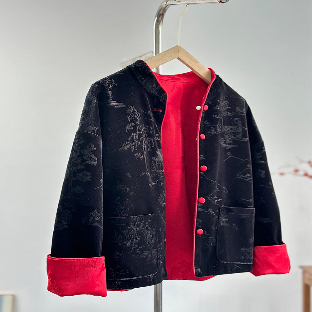 Original new Chinese retro national style velvet stand collar red and black double sided wear jacket women s autumn and winter short Tang suit top image 2