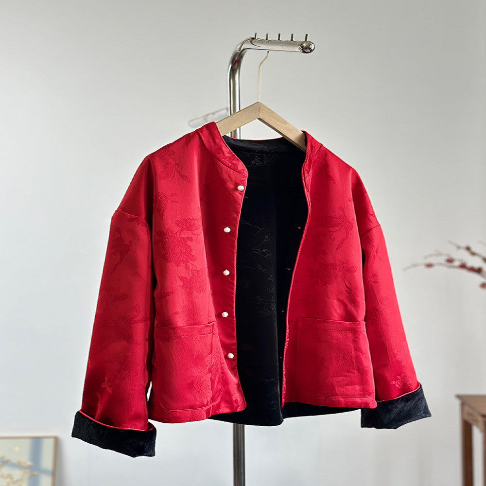 Original new Chinese retro national style velvet stand collar red and black double sided wear jacket women s autumn and winter short Tang suit top image 3