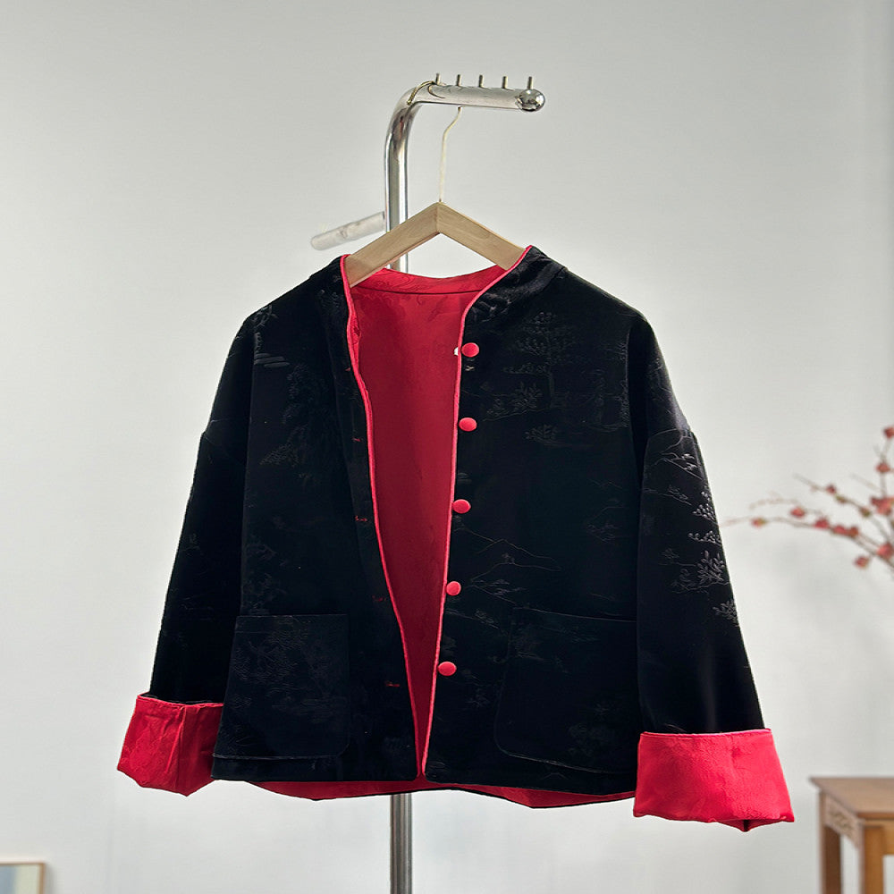 Original new Chinese retro national style velvet stand collar red and black double sided wear jacket women s autumn and winter short Tang suit top image 4
