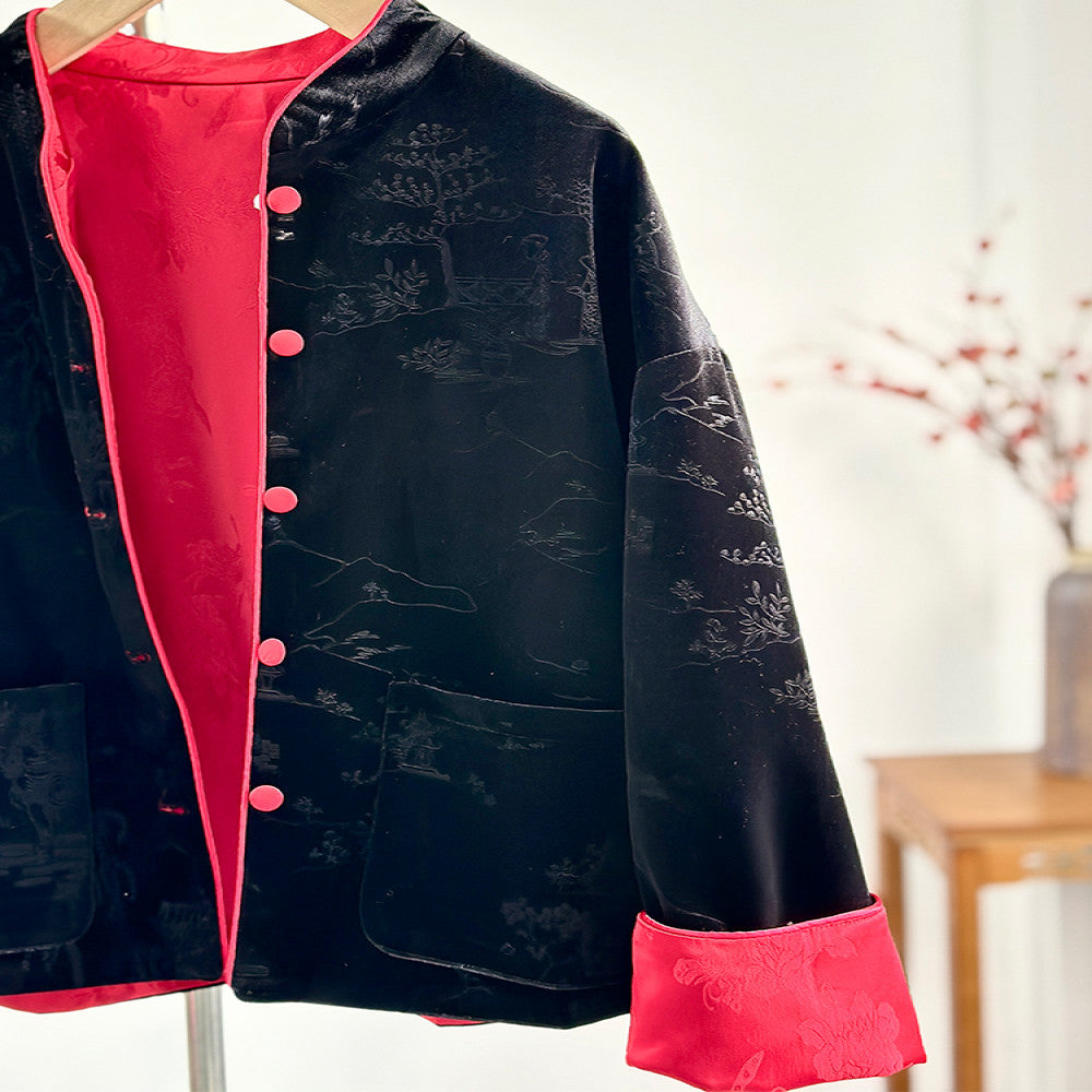 Original new Chinese retro national style velvet stand collar red and black double sided wear jacket women s autumn and winter short Tang suit top image 5