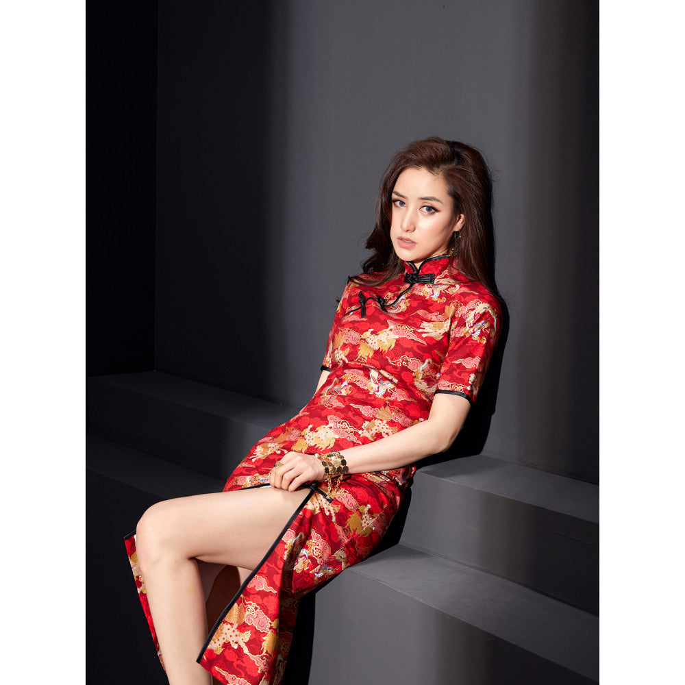 Fulang 2024 original store Dragon Totem Retro Button New Improved Slit Young Girl Long Cheongsam Skirt image 1