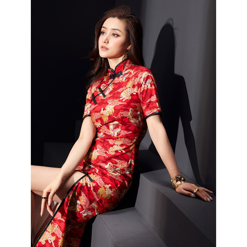 Fulang 2024 original store Dragon Totem Retro Button New Improved Slit Young Girl Long Cheongsam Skirt image 2