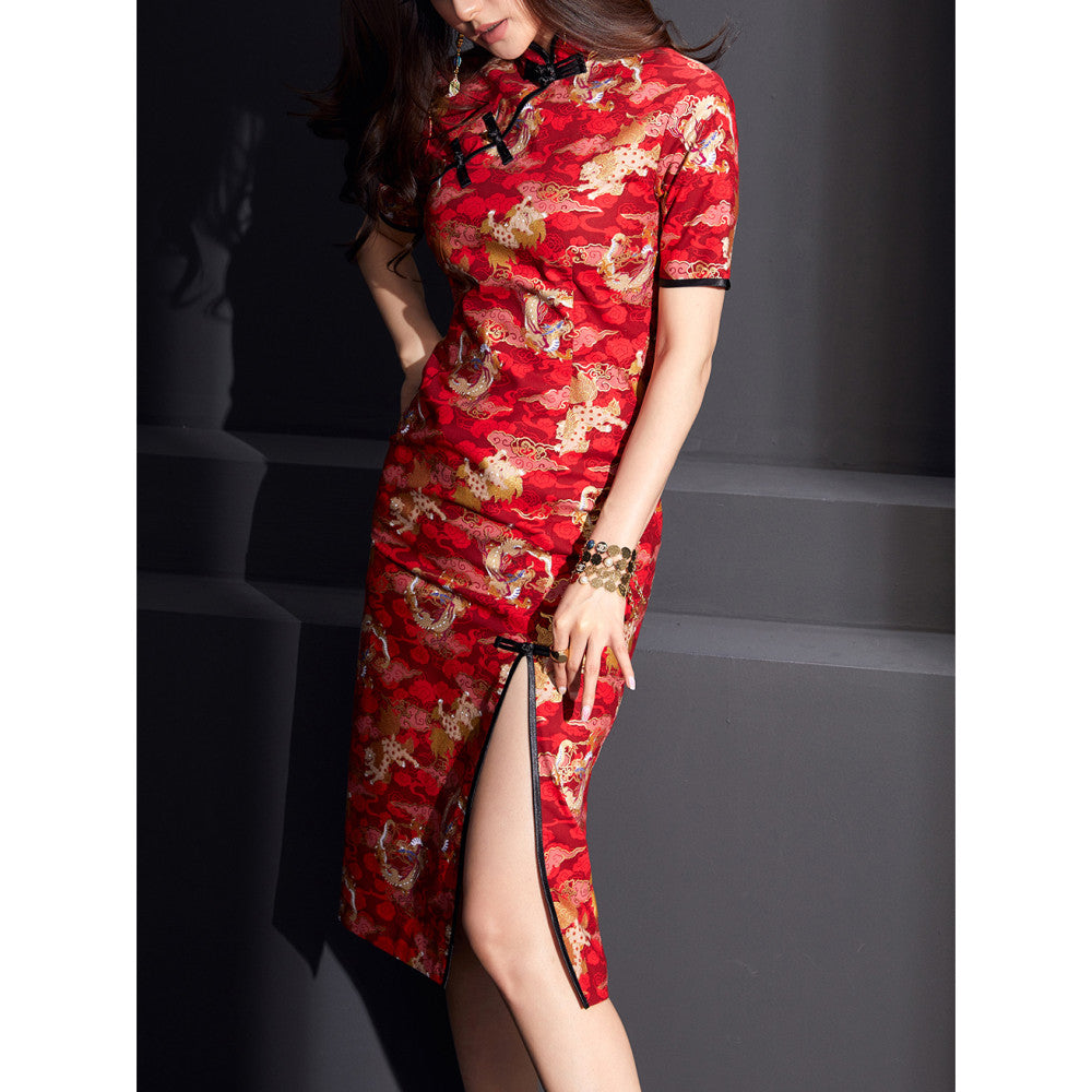 Fulang 2024 original store Dragon Totem Retro Button New Improved Slit Young Girl Long Cheongsam Skirt image 9