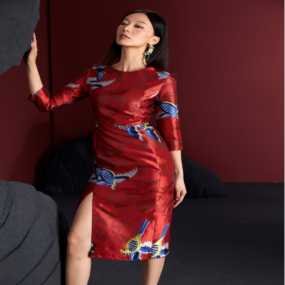 Fulang Original Design Style Shop Confident Luxury Jacquard Slim Fit Improved Hip Wrapped China Chic Long Cheongsam Dress image 3