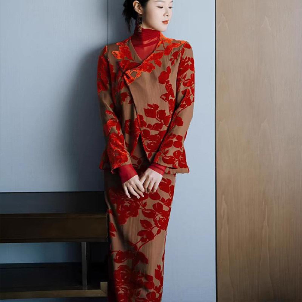 Morning gown female bride booking wedding new Chinese style coming out and returning home red toast dress party daily autumn and winter outfit set image 1