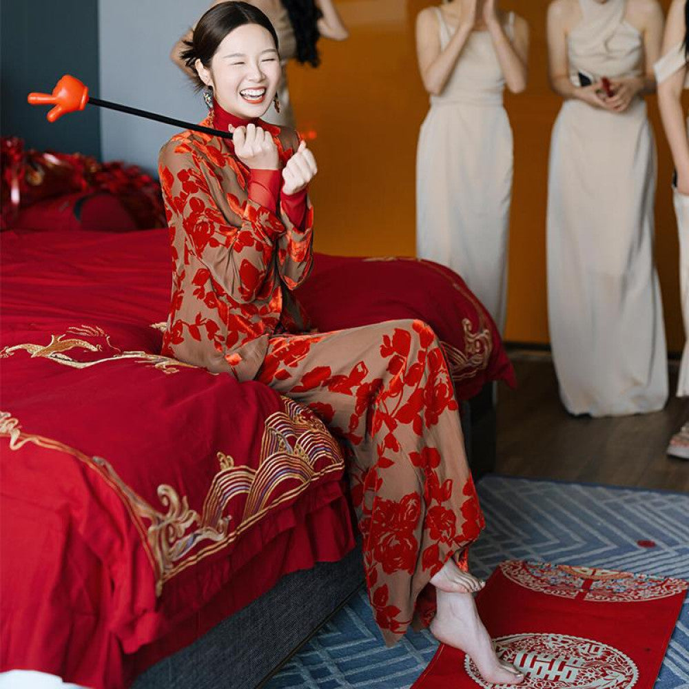 Morning gown female bride booking wedding new Chinese style coming out and returning home red toast dress party daily autumn and winter outfit set image 2