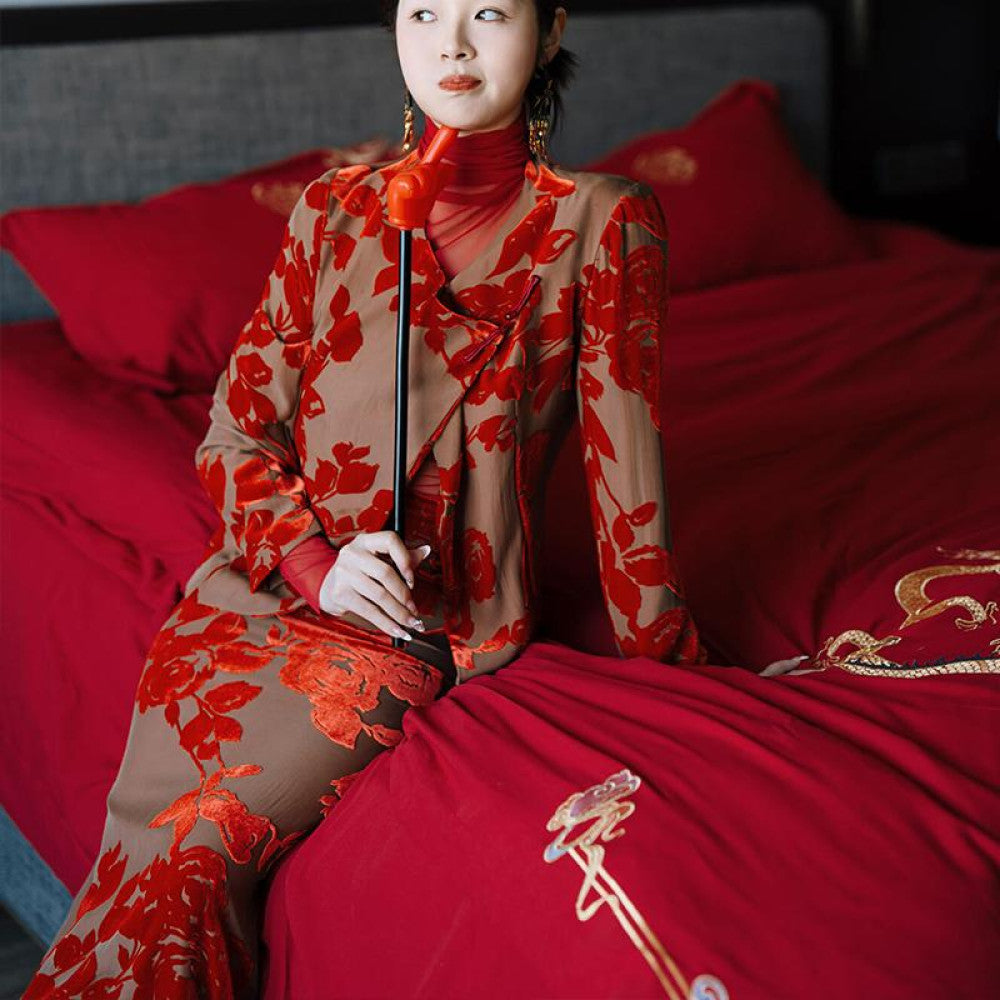Morning gown female bride booking wedding new Chinese style coming out and returning home red toast dress party daily autumn and winter outfit set image 3