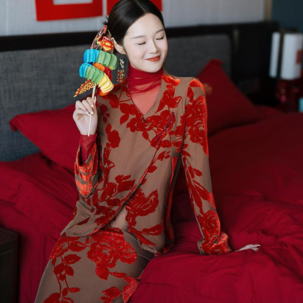 Morning gown female bride booking wedding new Chinese style coming out and returning home red toast dress party daily autumn and winter outfit set image 4