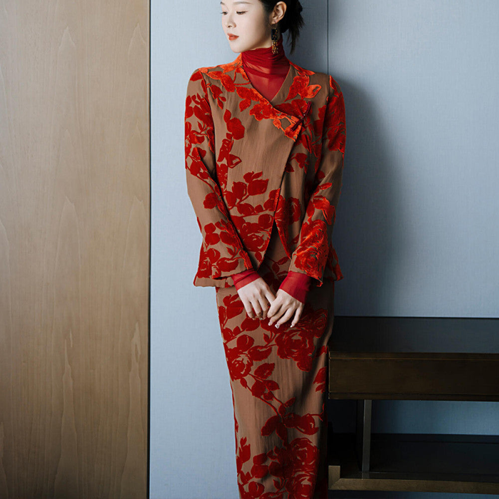 ASAYA3987 🌹 Luxurious Red Floral Two-Piece Set for Festive Elegance ❤️