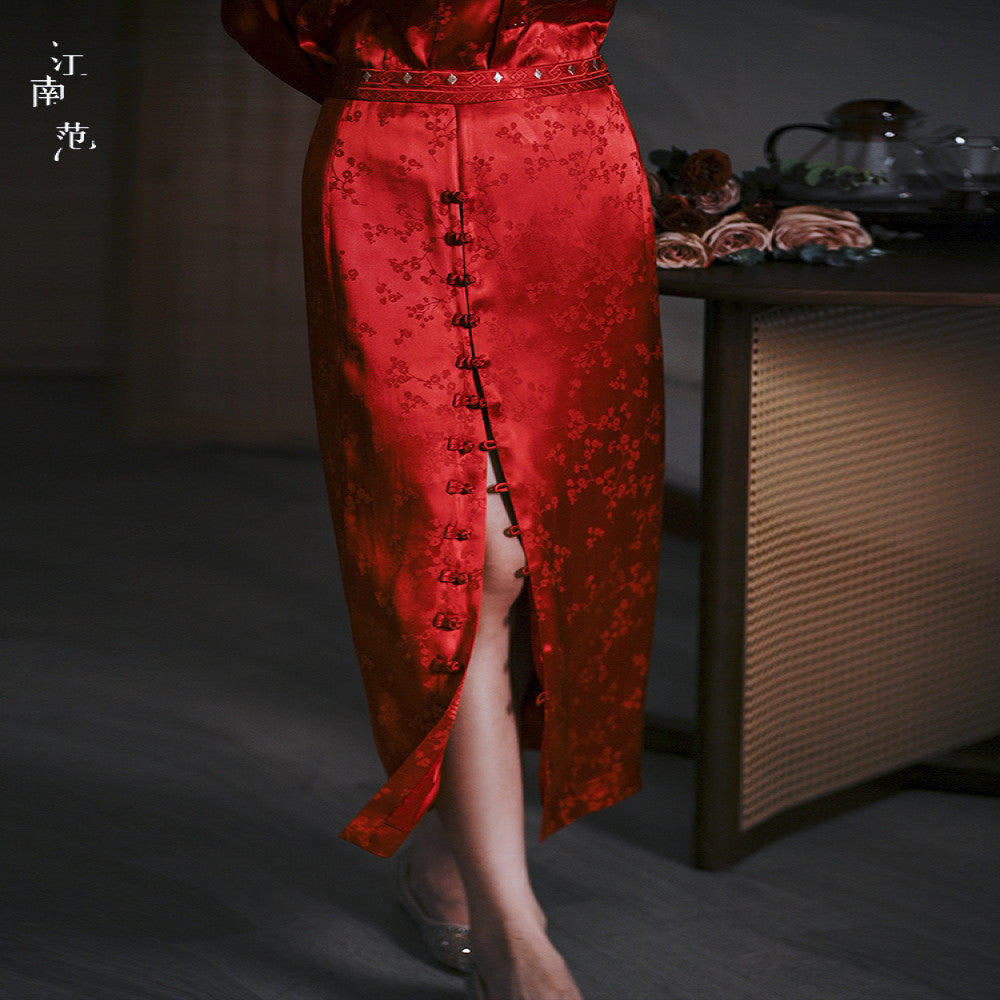 Jiangnan Fan Red Improved Tang Dress Versatile New Chinese High Waist Mid length Half length Skirt 2024 New Edition image 5
