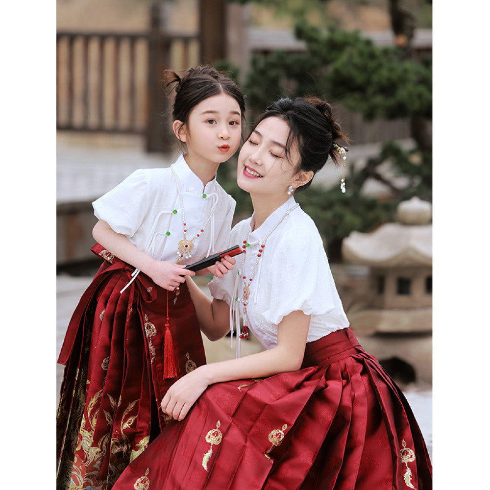 New Chinese style horse face skirt parent child outfit mother daughter Tang outfit Chinese style Hanfu 2025 new summer outfit set red image 2