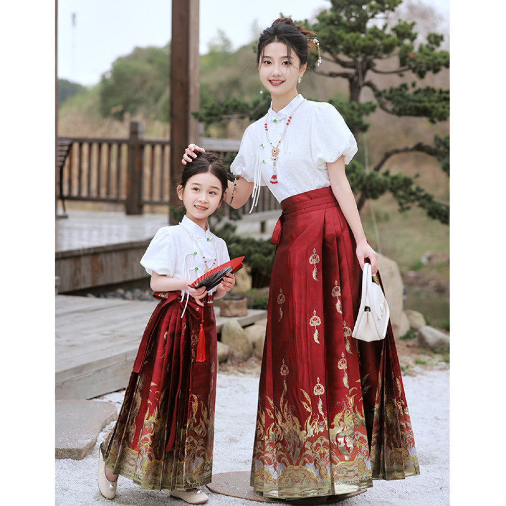 New Chinese style horse face skirt parent child outfit mother daughter Tang outfit Chinese style Hanfu 2025 new summer outfit set red image 3