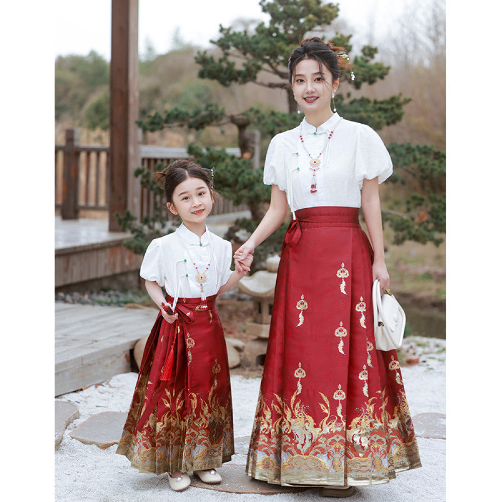 New Chinese style horse face skirt parent child outfit mother daughter Tang outfit Chinese style Hanfu 2025 new summer outfit set red image 4