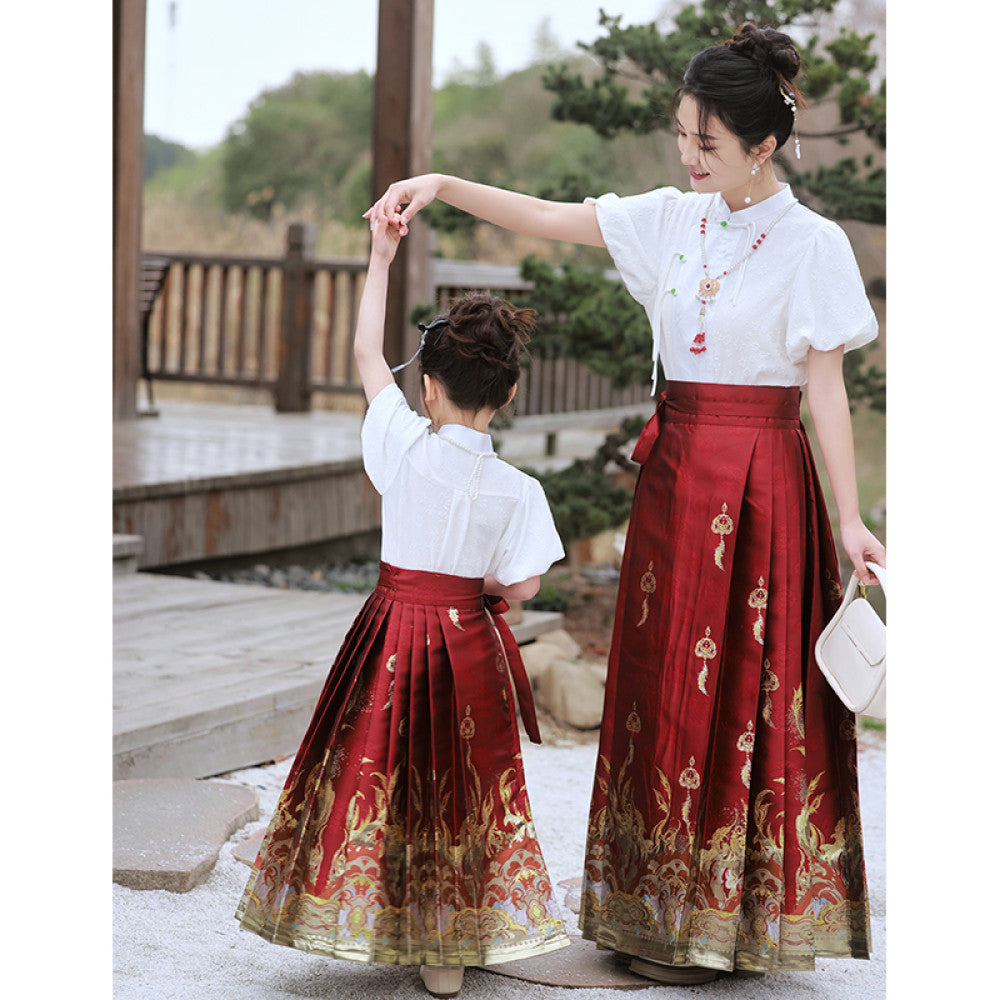 New Chinese style horse face skirt parent child outfit mother daughter Tang outfit Chinese style Hanfu 2025 new summer outfit set red image 5