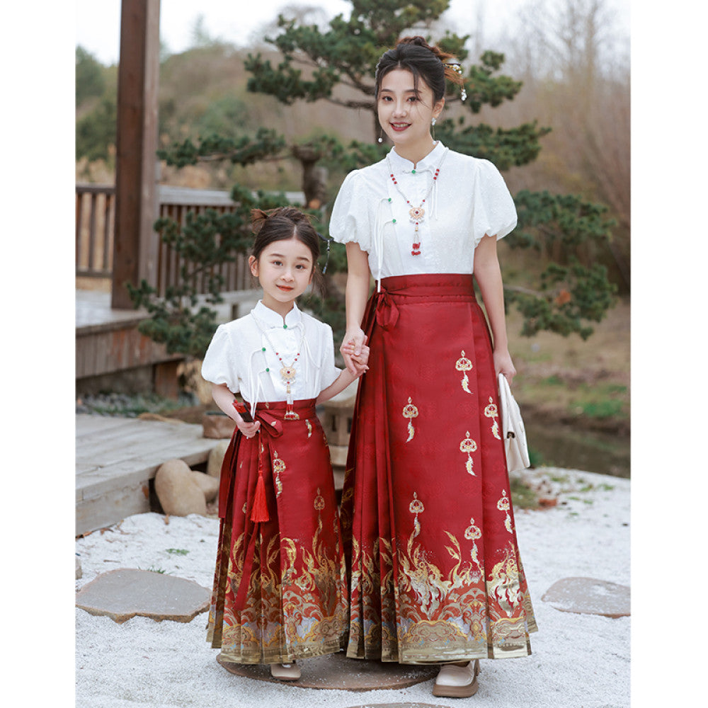 New Chinese style horse face skirt parent child outfit mother daughter Tang outfit Chinese style Hanfu 2025 new summer outfit set red image 0