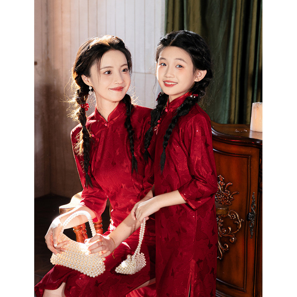 Burgundy cheongsam parent child outfit mother and daughter long sleeved autumn outfit 2025 new Chinese style girl parent child New Year greetings dress improvement image 4