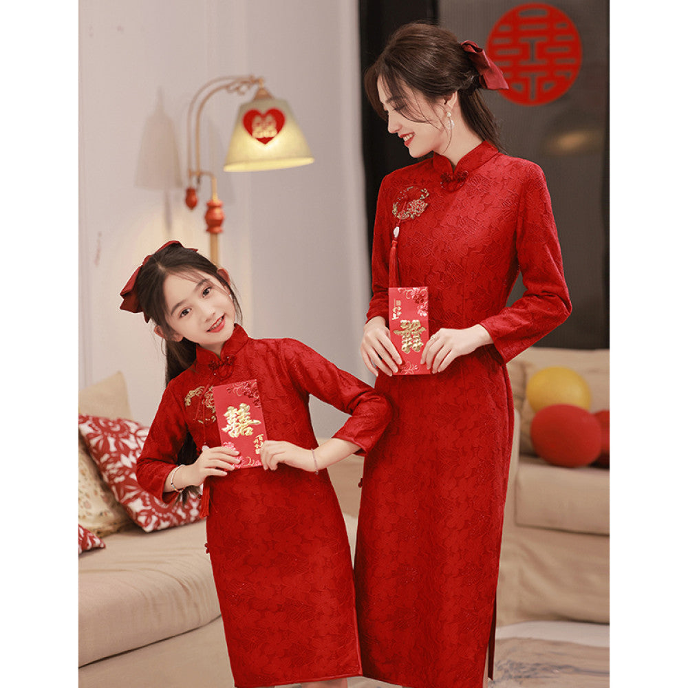 Retro new Chinese style parent child dress cheongsam red New Year dress mother and daughter dress long sleeve spring and autumn 2025 new style high end image 3