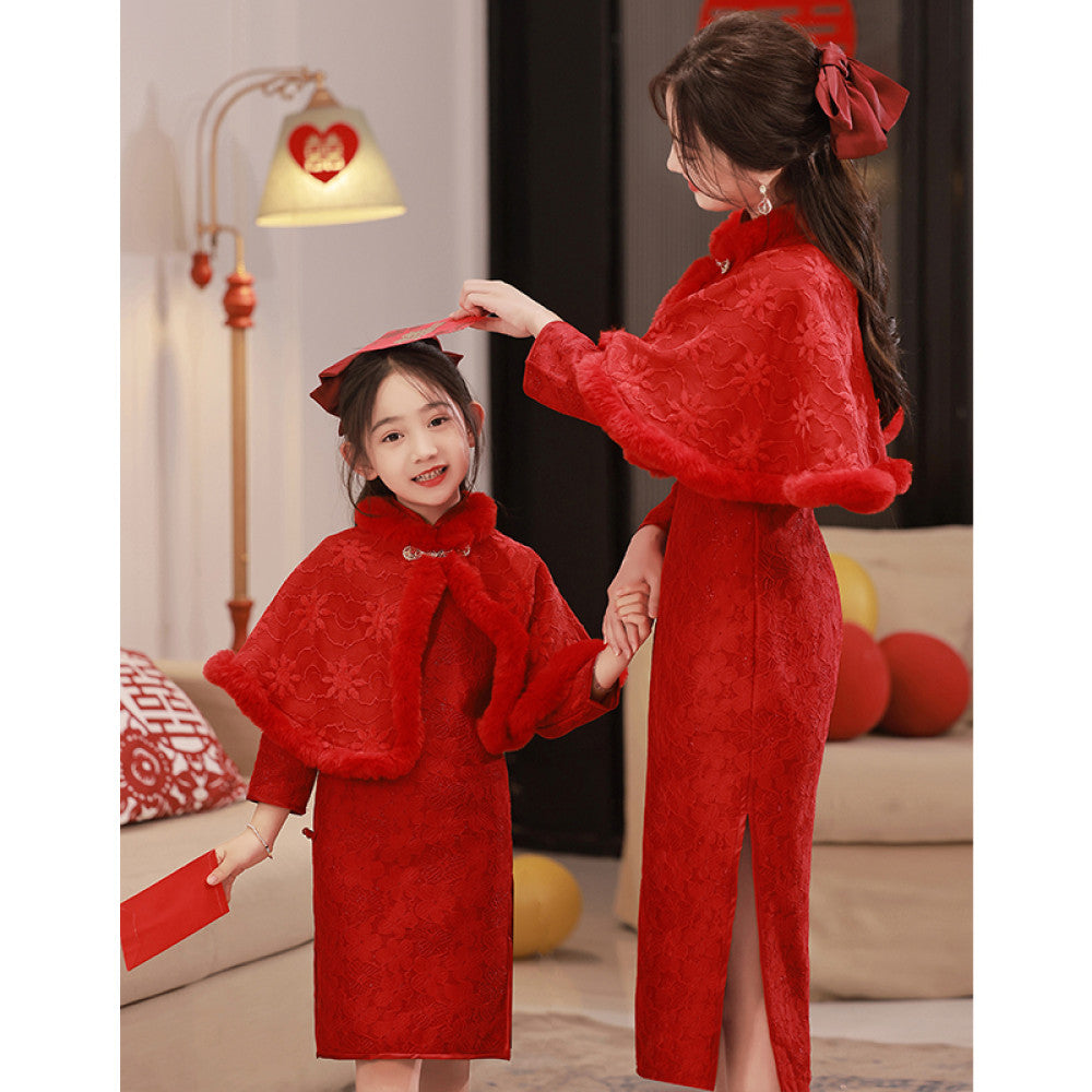 Retro new Chinese style parent child dress cheongsam red New Year dress mother and daughter dress long sleeve spring and autumn 2025 new style high end image 4