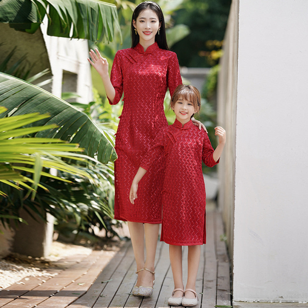 High end parent child cheongsam skirt 2025 new spring and autumn trend Internet celebrity mother and daughter dress red improved Chinese style retro skirt image 27