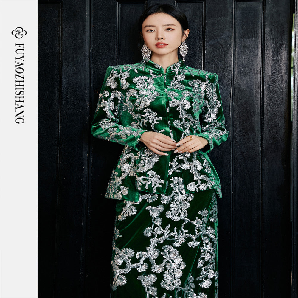 Customized Chinese style heavy beaded sequin suit light luxury velvet Tang suit No returns or exchanges image 1