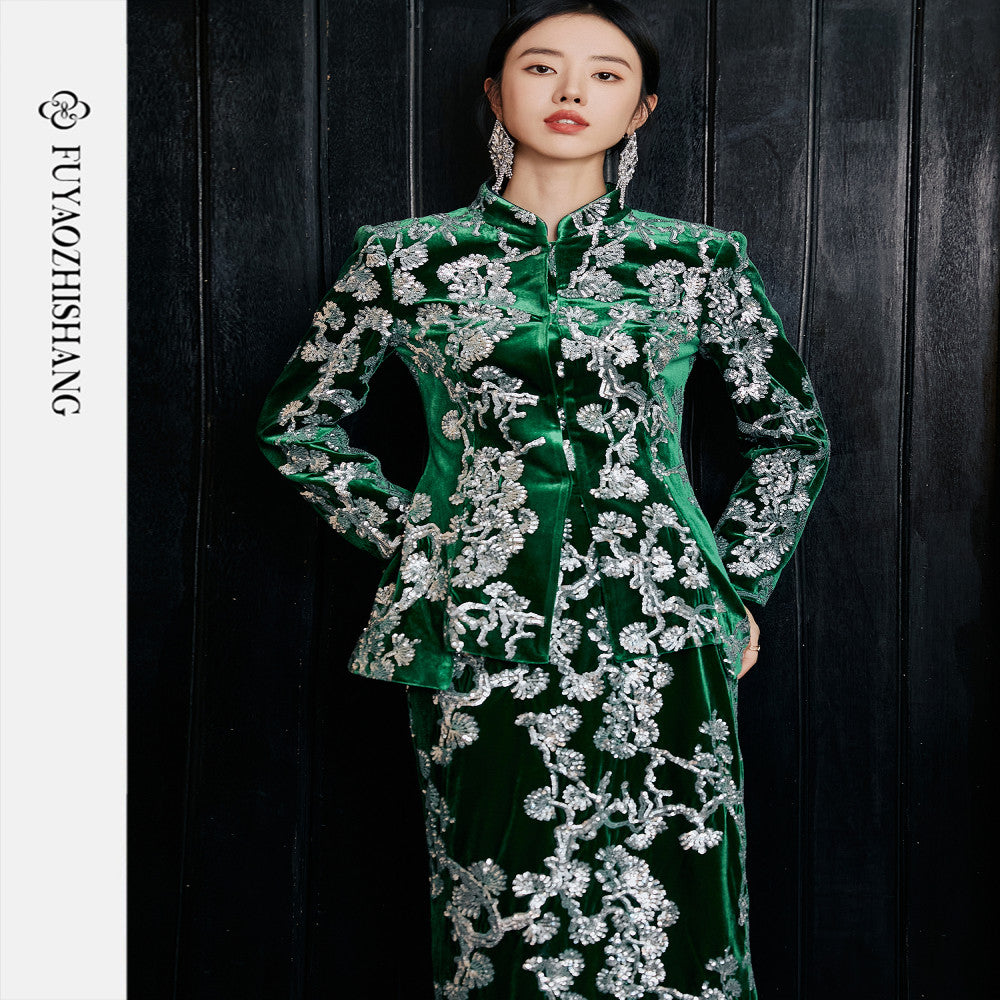 Customized Chinese style heavy beaded sequin suit light luxury velvet Tang suit No returns or exchanges image 2