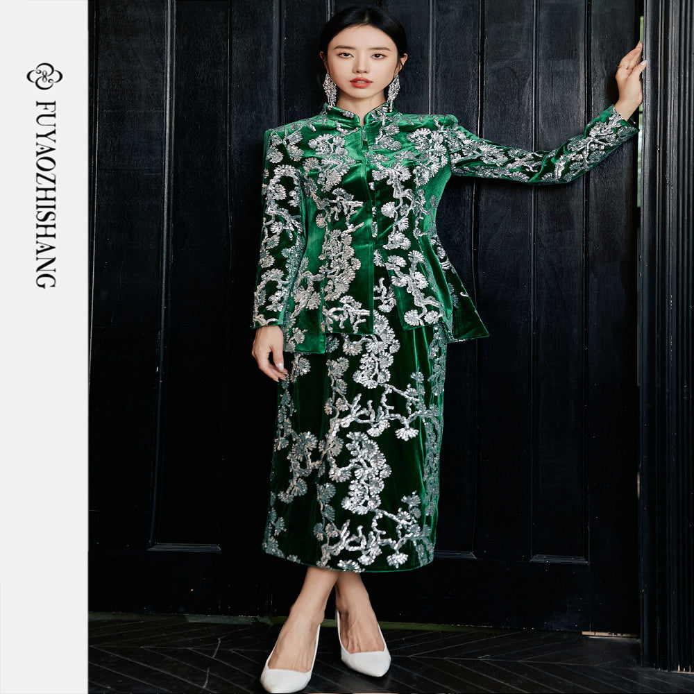 Customized Chinese style heavy beaded sequin suit light luxury velvet Tang suit No returns or exchanges image 3