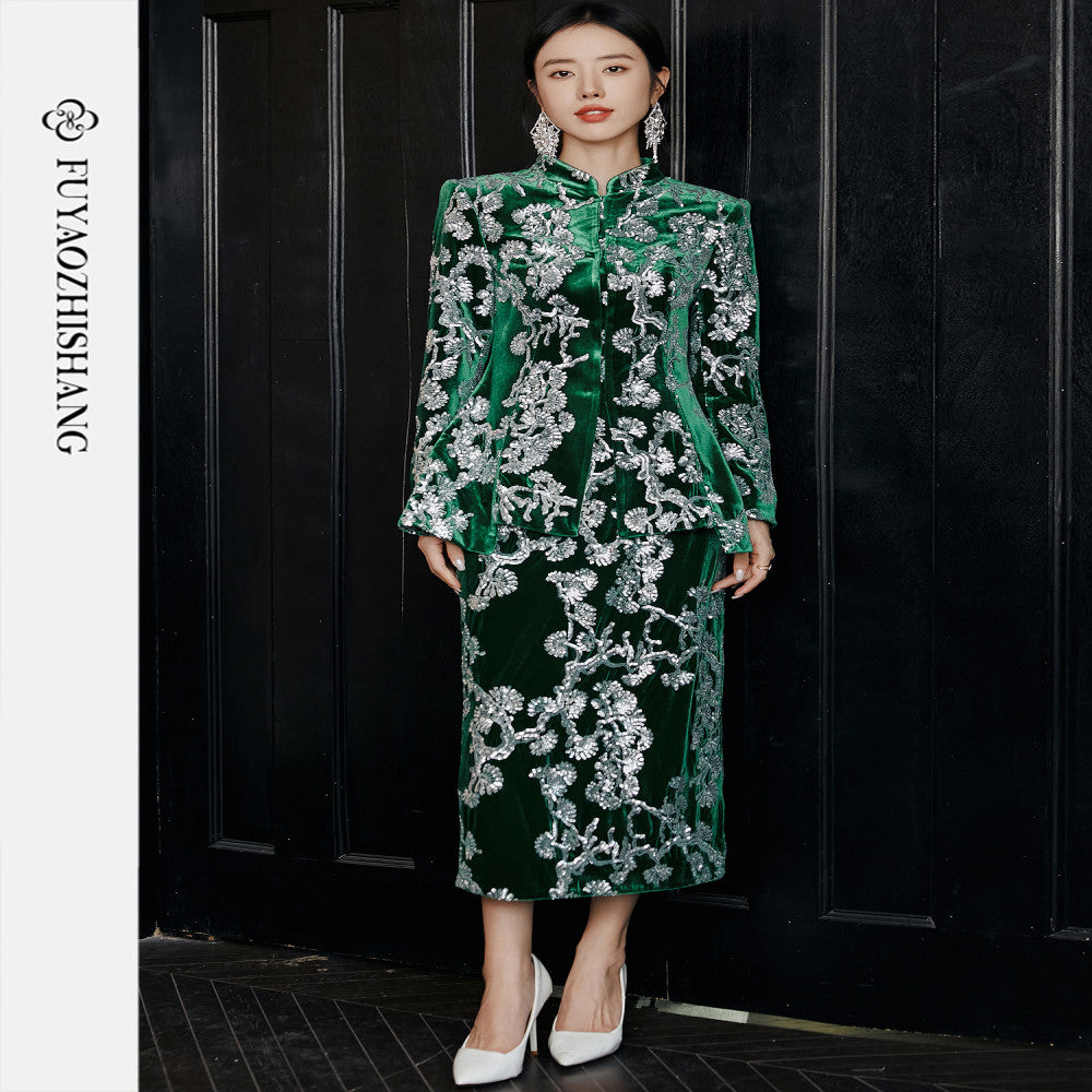 Customized Chinese style heavy beaded sequin suit light luxury velvet Tang suit No returns or exchanges image 4