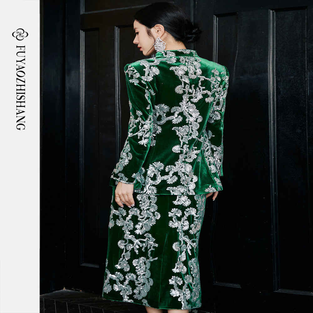 Customized Chinese style heavy beaded sequin suit light luxury velvet Tang suit No returns or exchanges image 5
