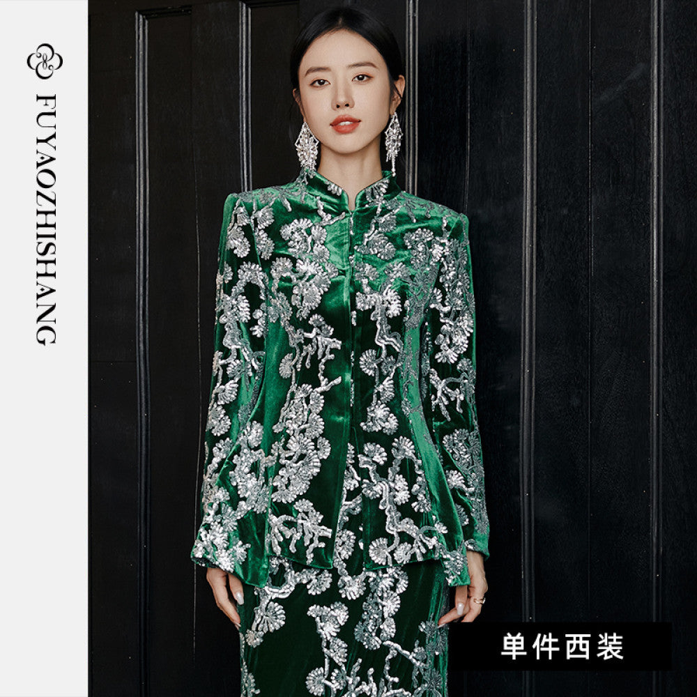 Customized Chinese style heavy beaded sequin suit light luxury velvet Tang suit No returns or exchanges image 9