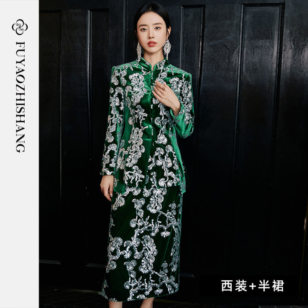 Customized Chinese style heavy beaded sequin suit light luxury velvet Tang suit No returns or exchanges image 26