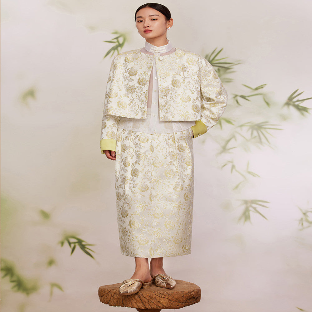 Ruyi Lianyun Spring and Autumn New Double pleated Jacquard Half length Skirt for Women Retro New Chinese Style Back slit High waisted Flower Bud Skirt image 2