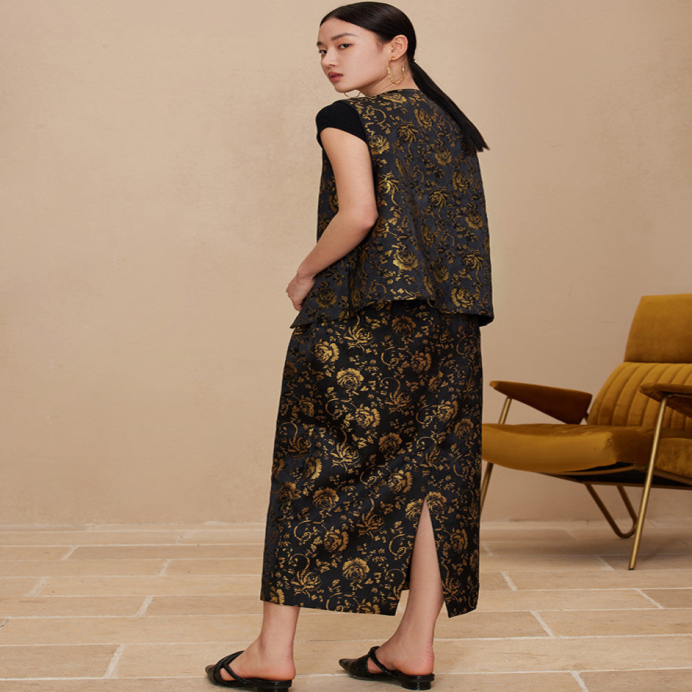 Ruyi Lianyun Spring and Autumn New Double pleated Jacquard Half length Skirt for Women Retro New Chinese Style Back slit High waisted Flower Bud Skirt image 3