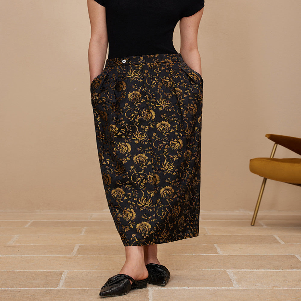 Ruyi Lianyun Spring and Autumn New Double pleated Jacquard Half length Skirt for Women Retro New Chinese Style Back slit High waisted Flower Bud Skirt image 0