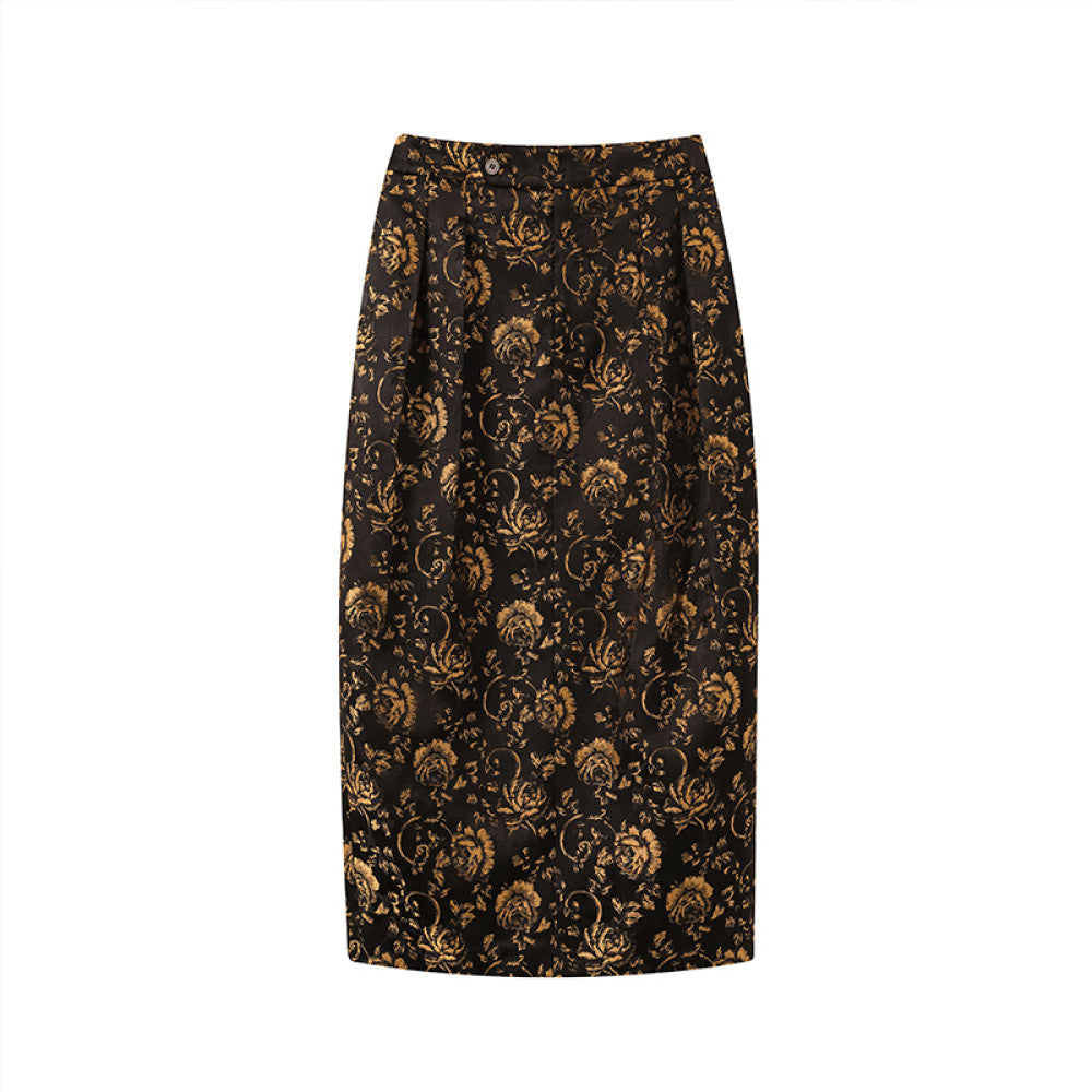 Ruyi Lianyun Spring and Autumn New Double pleated Jacquard Half length Skirt for Women Retro New Chinese Style Back slit High waisted Flower Bud Skirt image 9