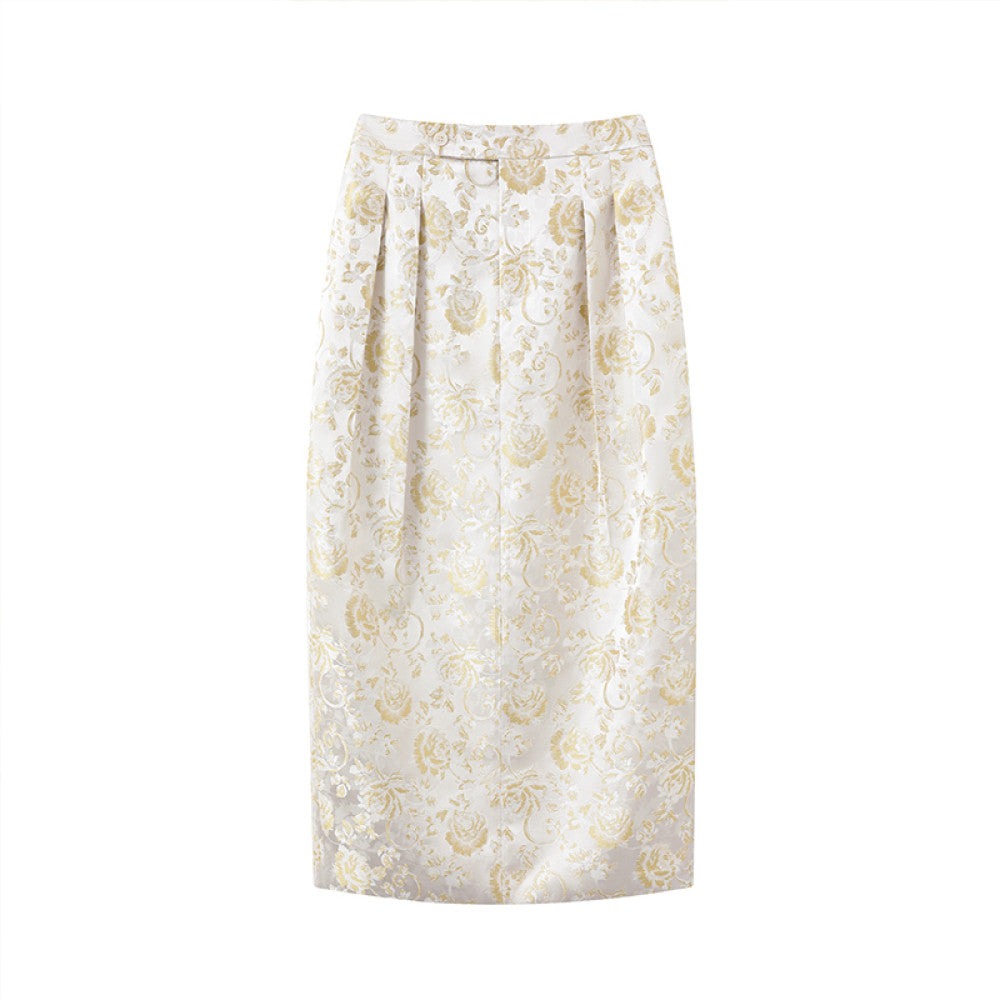 Ruyi Lianyun Spring and Autumn New Double pleated Jacquard Half length Skirt for Women Retro New Chinese Style Back slit High waisted Flower Bud Skirt image 17