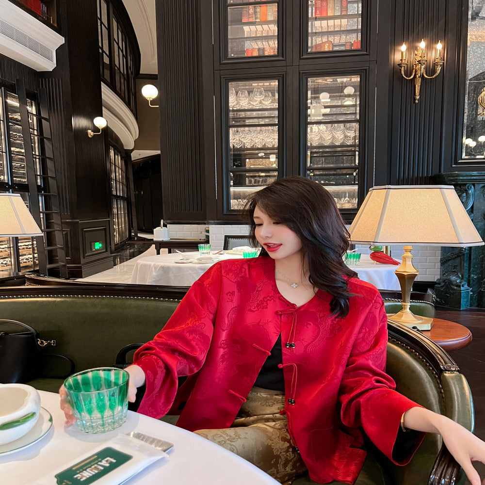 New Chinese style national style buttoned jacket for women in spring and autumn with a high end temperament and retro jacquard improved Tang style top image 1