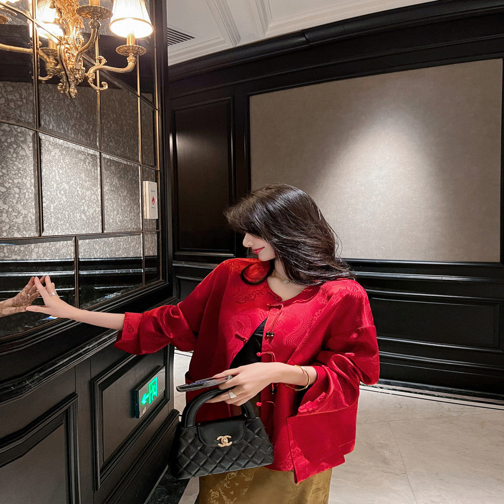 New Chinese style national style buttoned jacket for women in spring and autumn with a high end temperament and retro jacquard improved Tang style top image 2