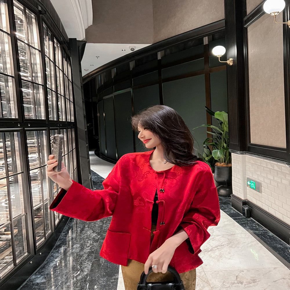 New Chinese style national style buttoned jacket for women in spring and autumn with a high end temperament and retro jacquard improved Tang style top image 5
