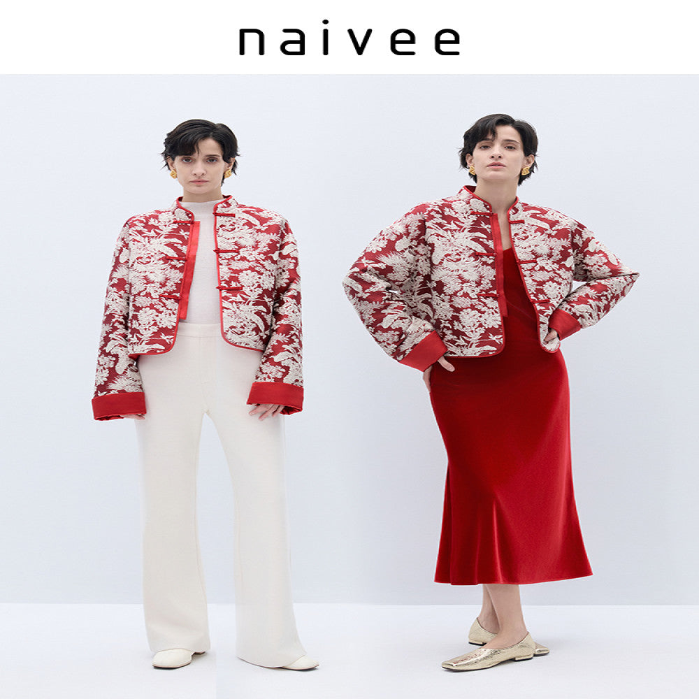 Happy wish new Chinese style naivee Nawei 25 autumn and winter red double breasted jacquard New Year short jacket for women image 2